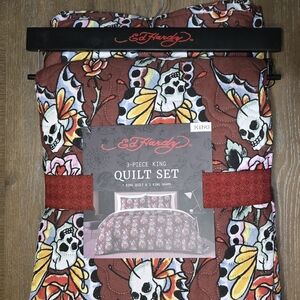 Ed Hardy KING Tattoo Flash Style 3 Pc Quilt Set Skulls Roses Butterflies Y2K